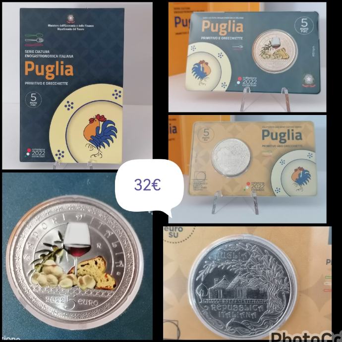 Italija 5 euro 2022 Puglia - Primitivo and Orecchiette  BU v kartici