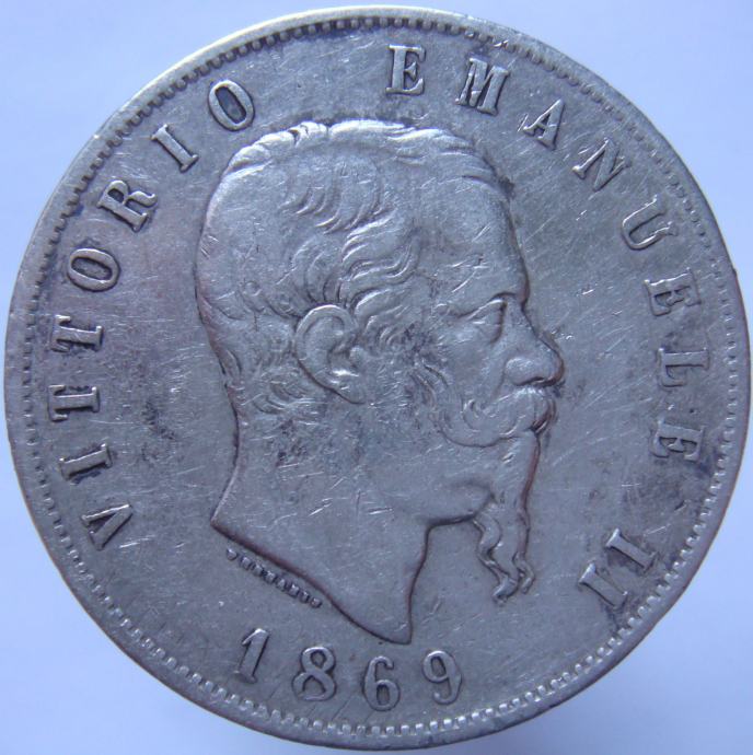 Italija 5 Lire 1869 M VF - Srebro