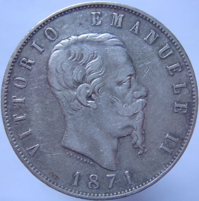 Italija 5 Lire 1871 M VF - Srebro