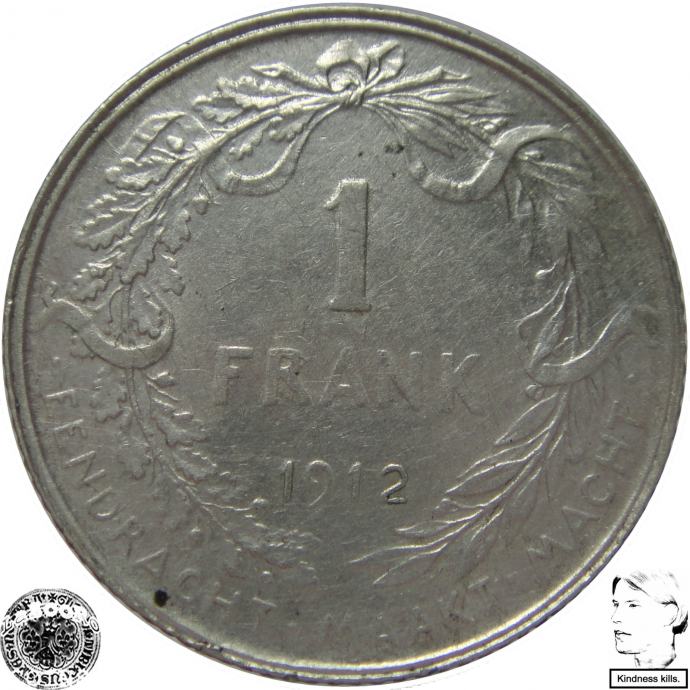 LaZooRo: Belgija 1 Franc Frank 1912 VF/XF a - Srebro