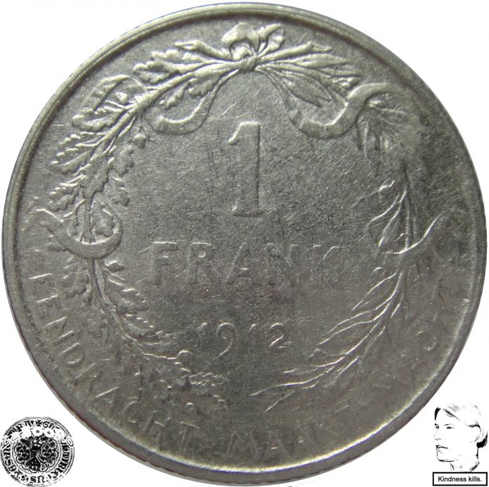 LaZooRo: Belgija 1 Franc Frank 1912 VF/XF - Srebro