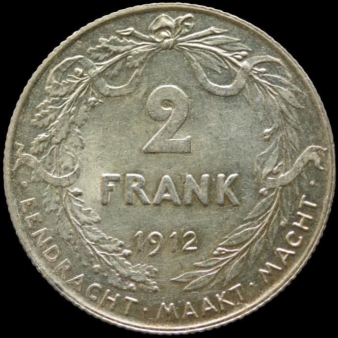 LaZooRo: Belgija 2 Francs Frank 1912 XF / UNC - Srebro