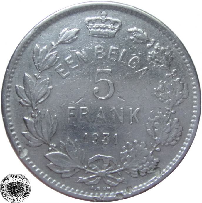 LaZooRo: Belgija 5 Francs 1931 VF a