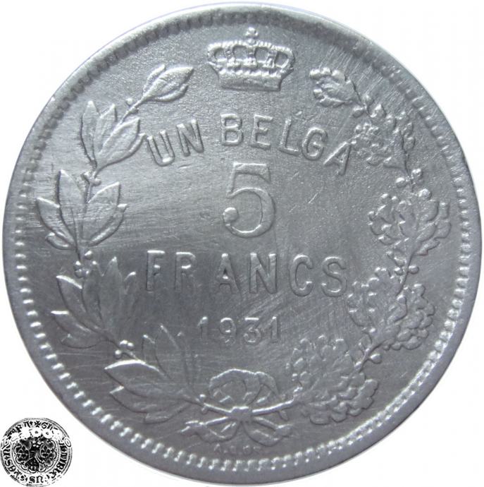 LaZooRo: Belgija 5 Francs 1931 VF