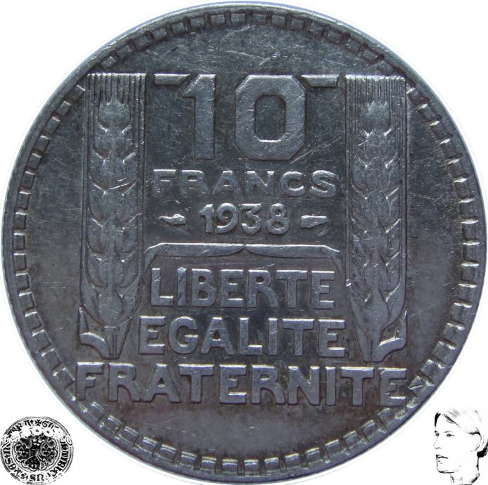 LaZooRo: Francija 10 Francs 1938 XF - Srebro