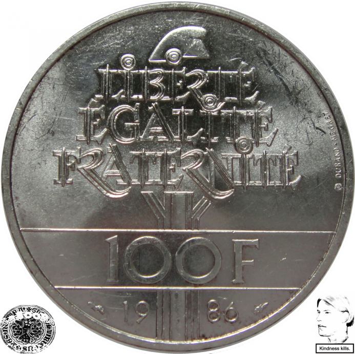 LaZooRo: Francija 100 Francs 1986 UNC kip svobode - Srebro