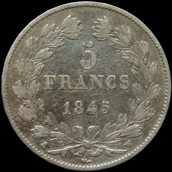 LaZooRo: Francija 5 Francs 1845 W VF - srebro