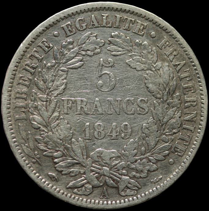LaZooRo: Francija 5 Francs 1849 A VF - srebro