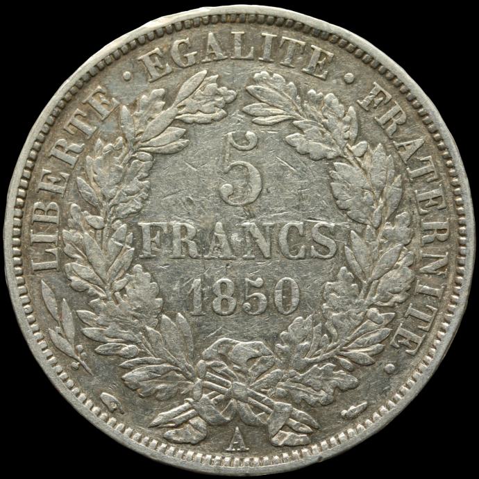 LaZooRo: Francija 5 Francs 1850 A VF / XF - srebro