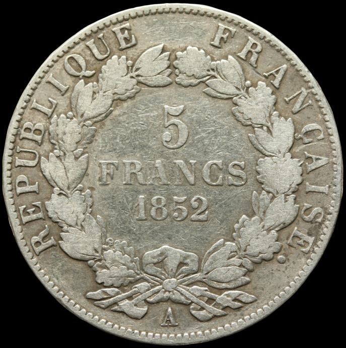 LaZooRo: Francija 5 Francs 1852 A VF - srebro