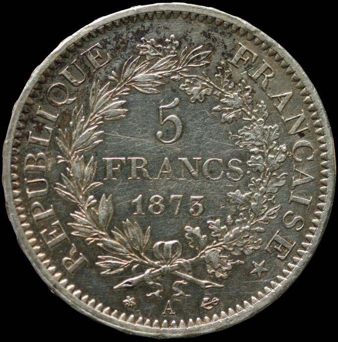 LaZooRo: Francija 5 Francs 1873 A XF / UNC - srebro