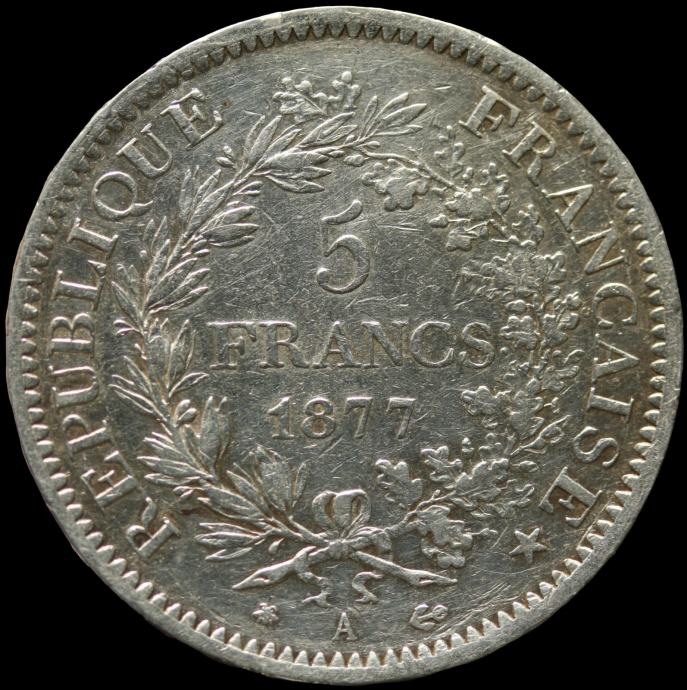 LaZooRo: Francija 5 Francs 1877 A VF / XF - srebro