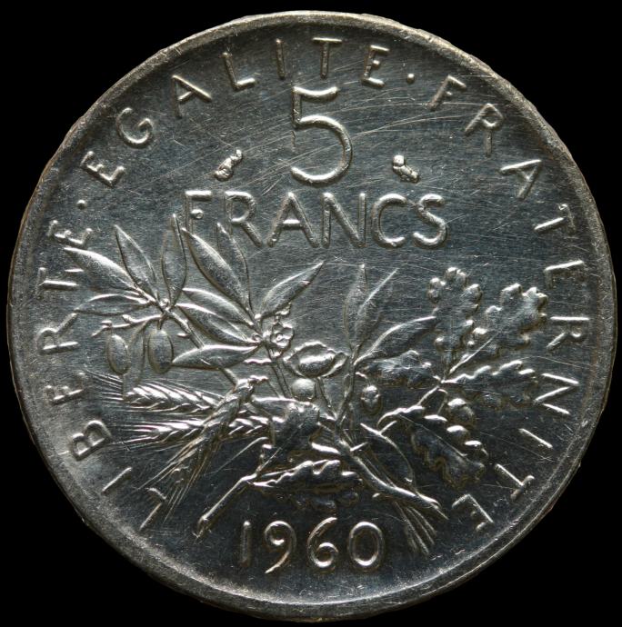 LaZooRo: Francija 5 Francs 1960 XF / UNC - srebro