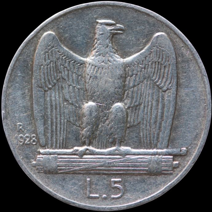 LaZooRo: Italija 5 Lire 1928 R VF / XF ** - srebro