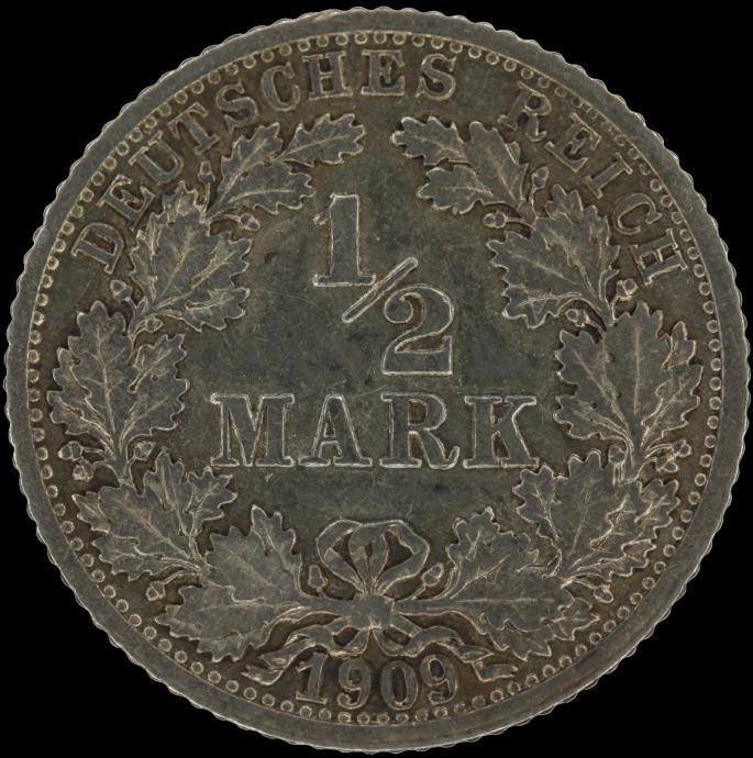 LaZooRo: Nemčija 1/2 Mark 1909 F prek F UNC – srebro  KM# 17 1/2 MARK