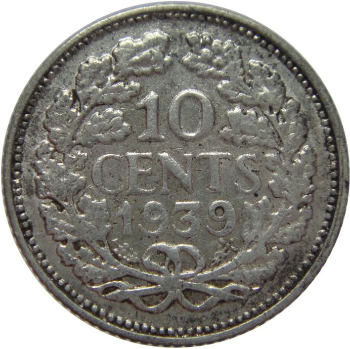 LaZooRo: Nizozemska 10 Cents 1939 XF - Srebro