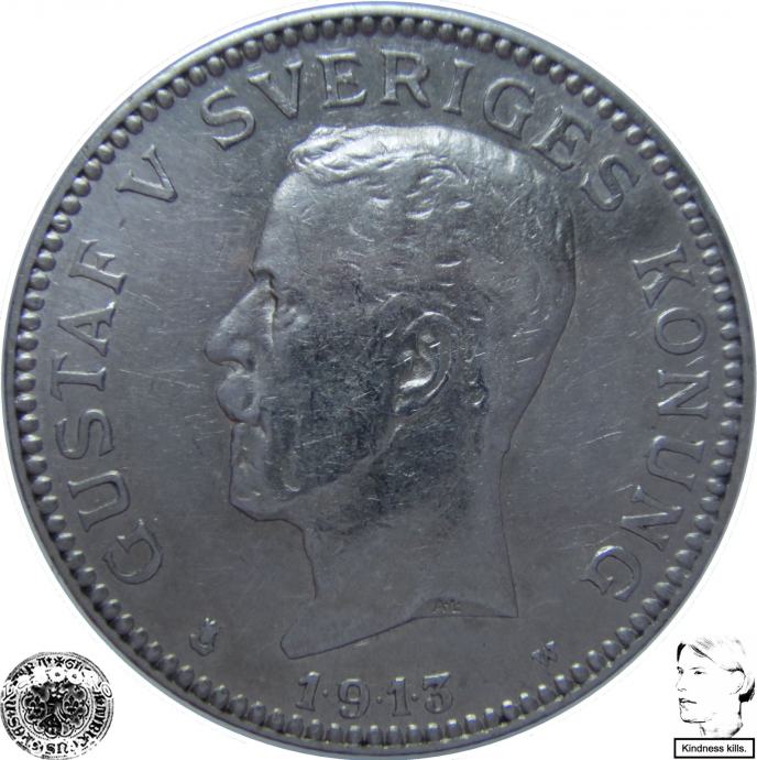 LaZooRo: Švedska 1 Krona 1913 XF - Srebro