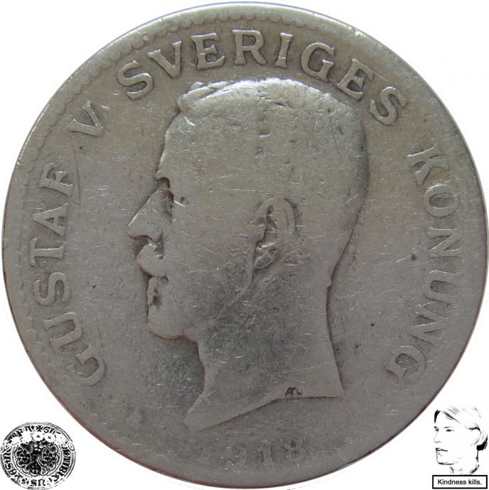 LaZooRo: Švedska 1 Krona 1918 F - Srebro