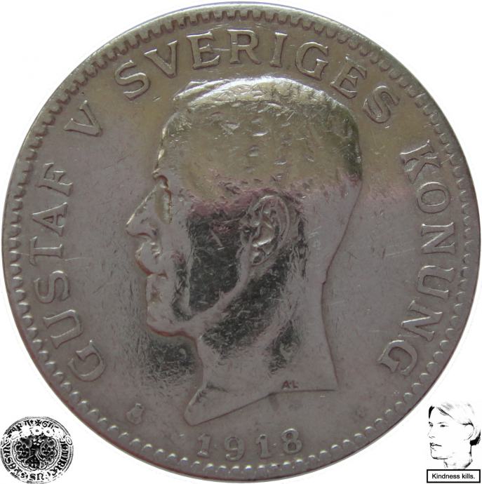 LaZooRo: Švedska 1 Krona 1918 VF a - Srebro