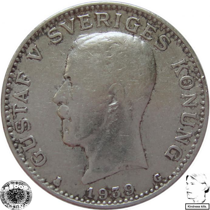 LaZooRo: Švedska 1 Krona 1939 XF - Srebro