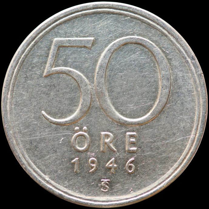 LaZooRo: Švedska 50 Ore 1946 XF - srebro