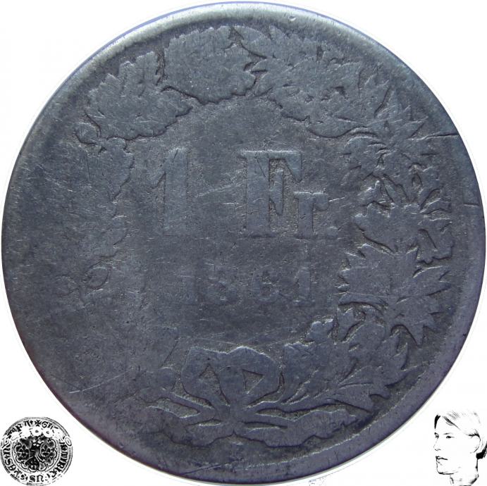 LaZooRo: Švica 1 Franc 1861 X - Srebro