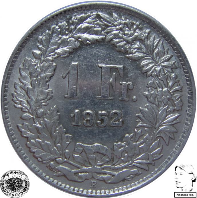 LaZooRo: Švica 1 Franc 1952 XF/UNC b - Srebro