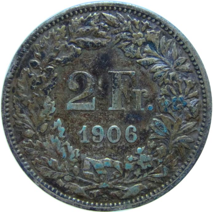 LaZooRo: Švica 2 Francs 1906 XF patina - Srebro