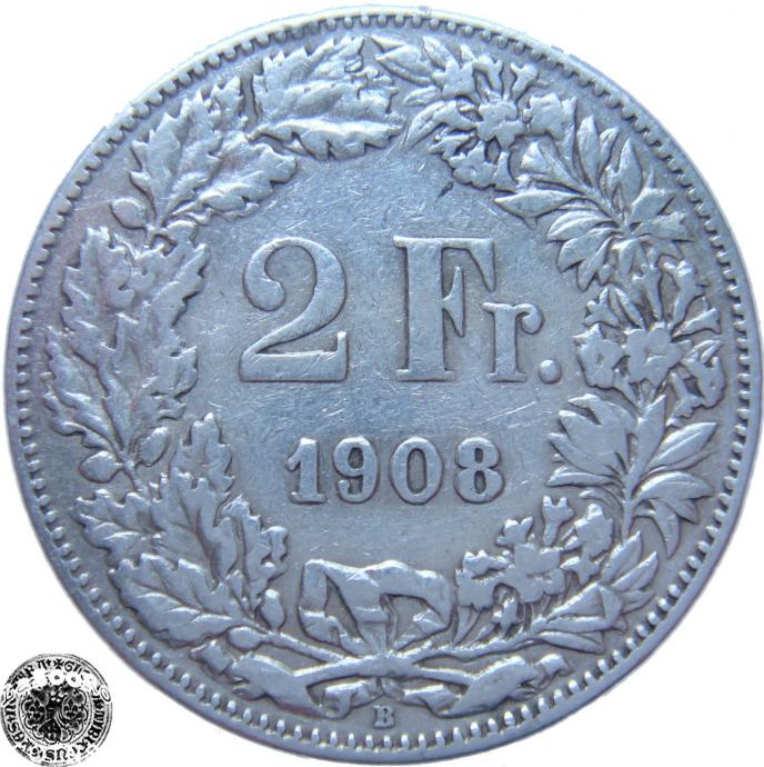 LaZooRo: Švica 2 Francs 1908 VF/XF redkejši - Srebro