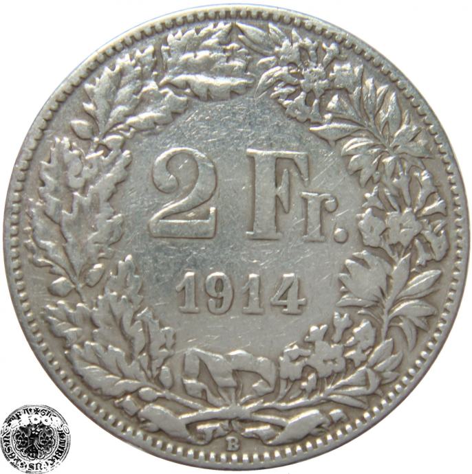 LaZooRo: Švica 2 Francs 1914 VF/XF c - Srebro