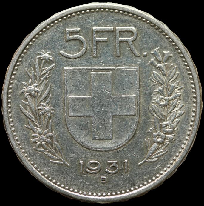LaZooRo: Švica 5 Francs 1931 VF legenda ob 11.30 uri - srebro