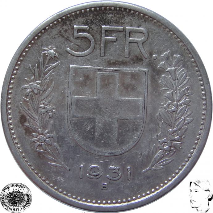 LaZooRo: Švica 5 Francs 1931 XF c - Srebro