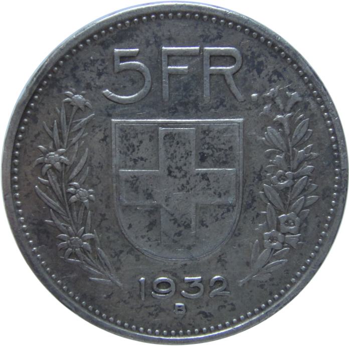 LaZooRo: Švica 5 Francs 1932 XF - Srebro
