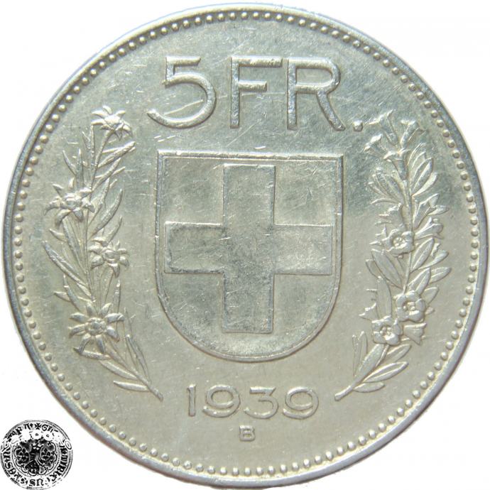 LaZooRo: Švica 5 Francs 1939 XF a - Srebro