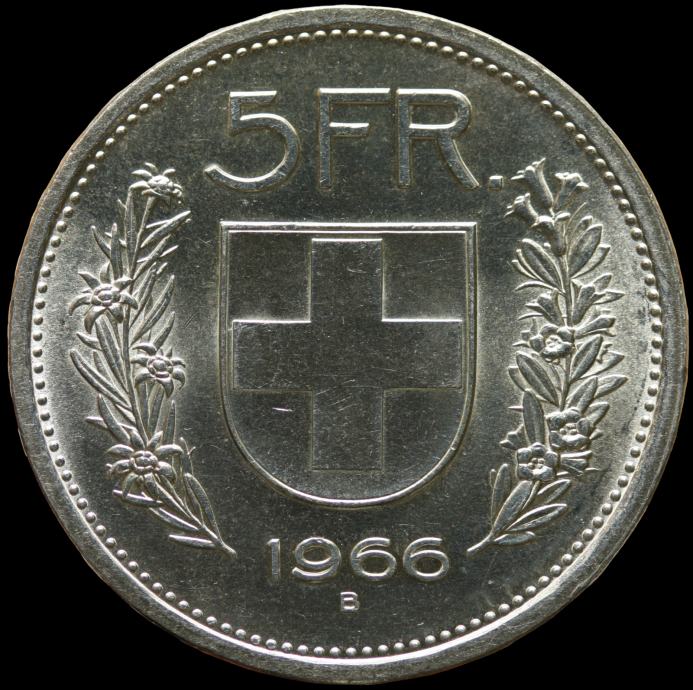 LaZooRo: švicarski 5 Francs 1966 UNC – srebro