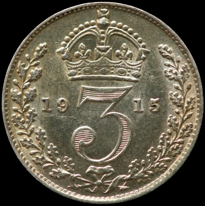 LaZooRo: Velika Britanija 3 Pence 1915 UNC - srebro