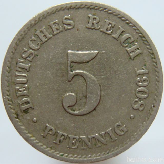 LaZooRo: Nemčija 5 Pfennig 1908 J XF