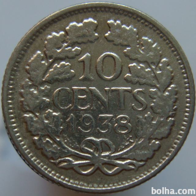 Nizozemska 10 Cents 1938 XF - Srebro