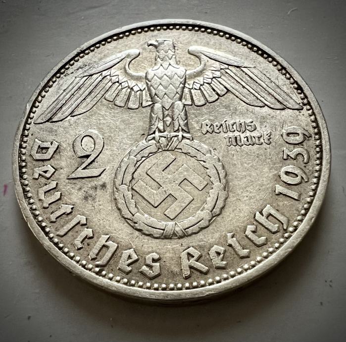 1939 A SREBRNIK Nemčija nacizem 2 Reichsmark 3. Reich nazi (otaku)