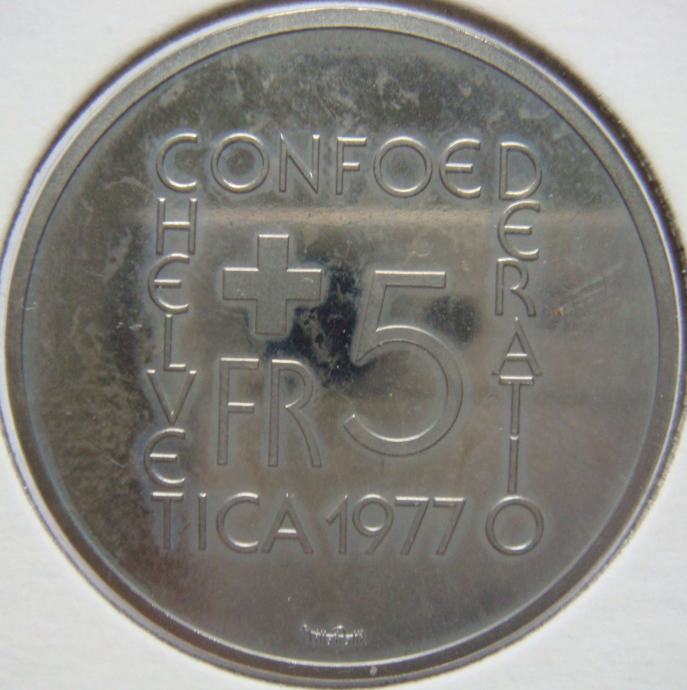 LaZooRo: Švica 5 Francs 1977 PROOF redkejši Pestalozzi a