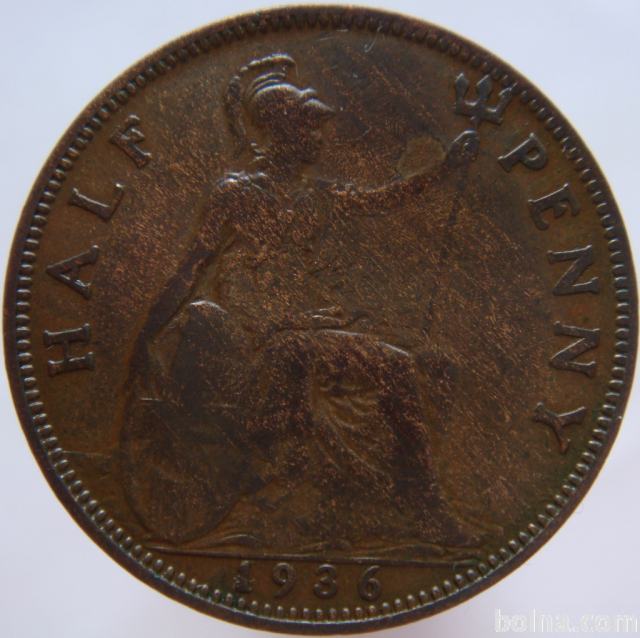 LaZooRo: Velika Britanija 1/2 Penny 1936 XF a