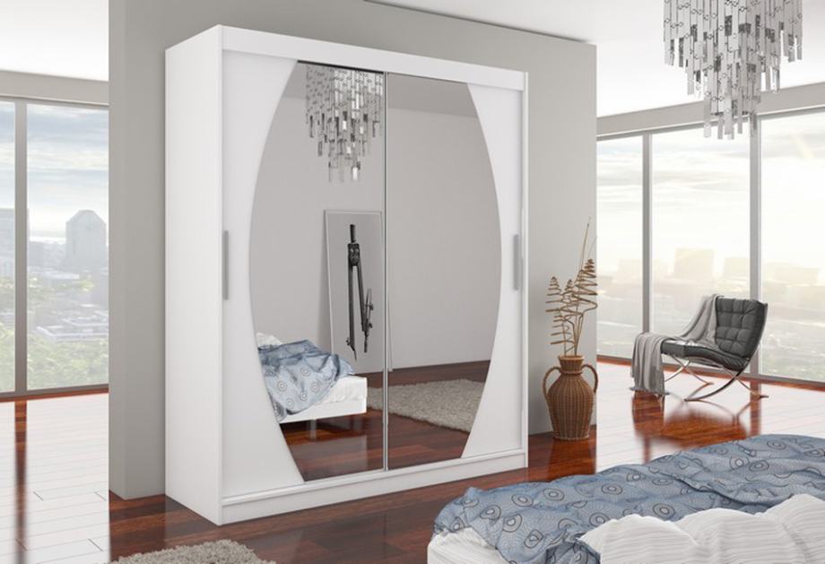 Garderobna omara z drsnimi vrati Baltimore (180 cm, bela) - POŠKODOVAN