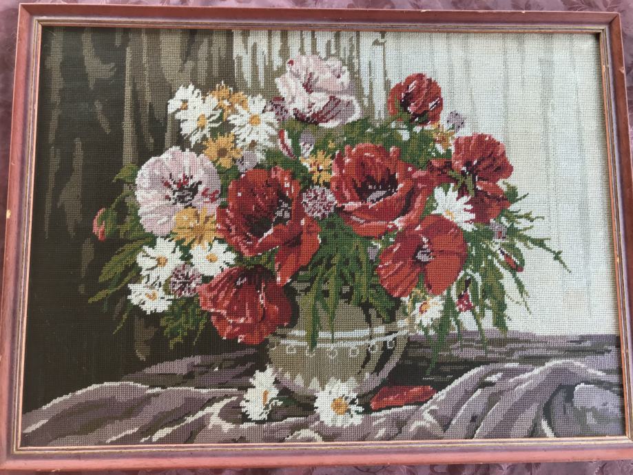 Gobelin vaza cvetja poljsko cvetje mak in marjetice velik 76x55 cm