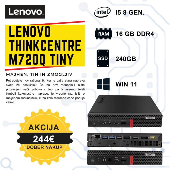 PC Mini Lenovo Tiny M720q (i5-8500T, 8Go RAM, 256Go SSD, W11 Pro) - Occasion