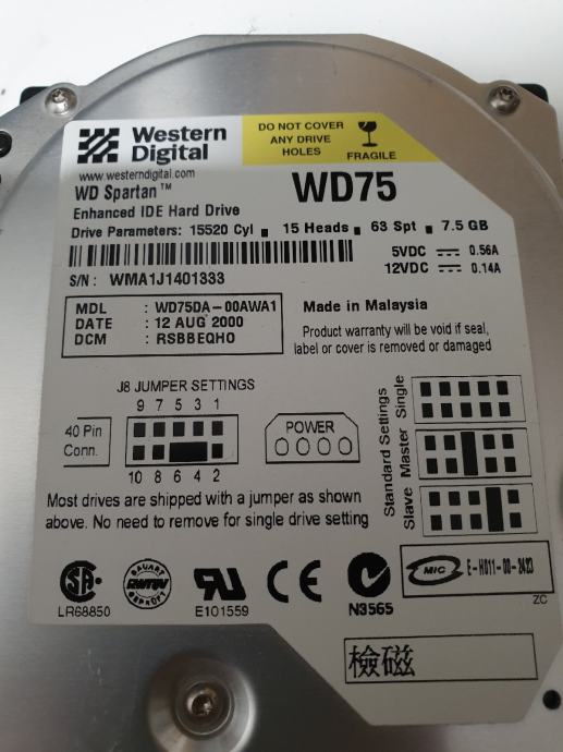 Trdi disk, hdd, Wd, 7.5GB, IDE, PATA, za starejši računalnik, dos, Win