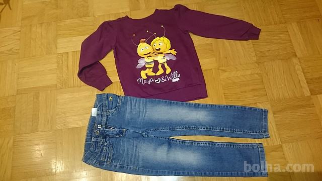 Hlače jeans + sweatshirt + 2x puli + jopica za deklico 110 (pkt 360)
