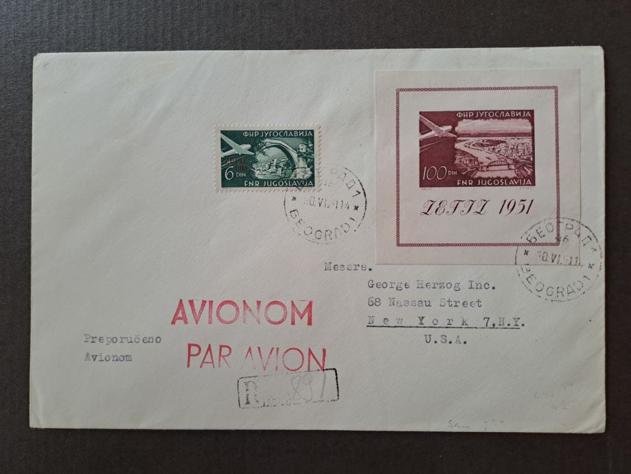Jugoslavija 1951– priporočeno letalsko pismo poslano v ZDA, blok ZEFIZ