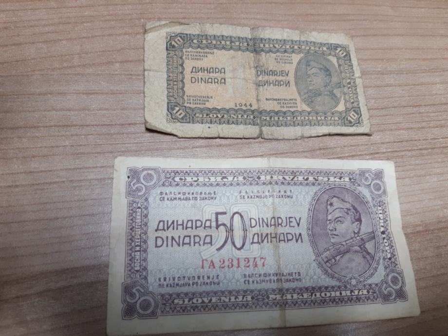 Bankovca  za 10 in 50 dinarjev, serija partizanskih dinarjev, 1944