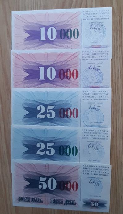 Bosna 5 različnih UNC bankovcev rdeče in zelene nule žig Sarajevo