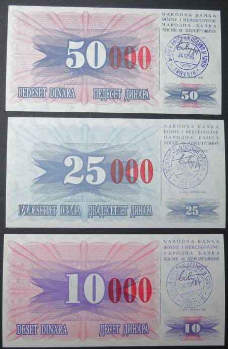 BOSNA in HERCEGOVINA lot 7 bankovcev 1992 / 93 UNC PRETISK TRAVNIK